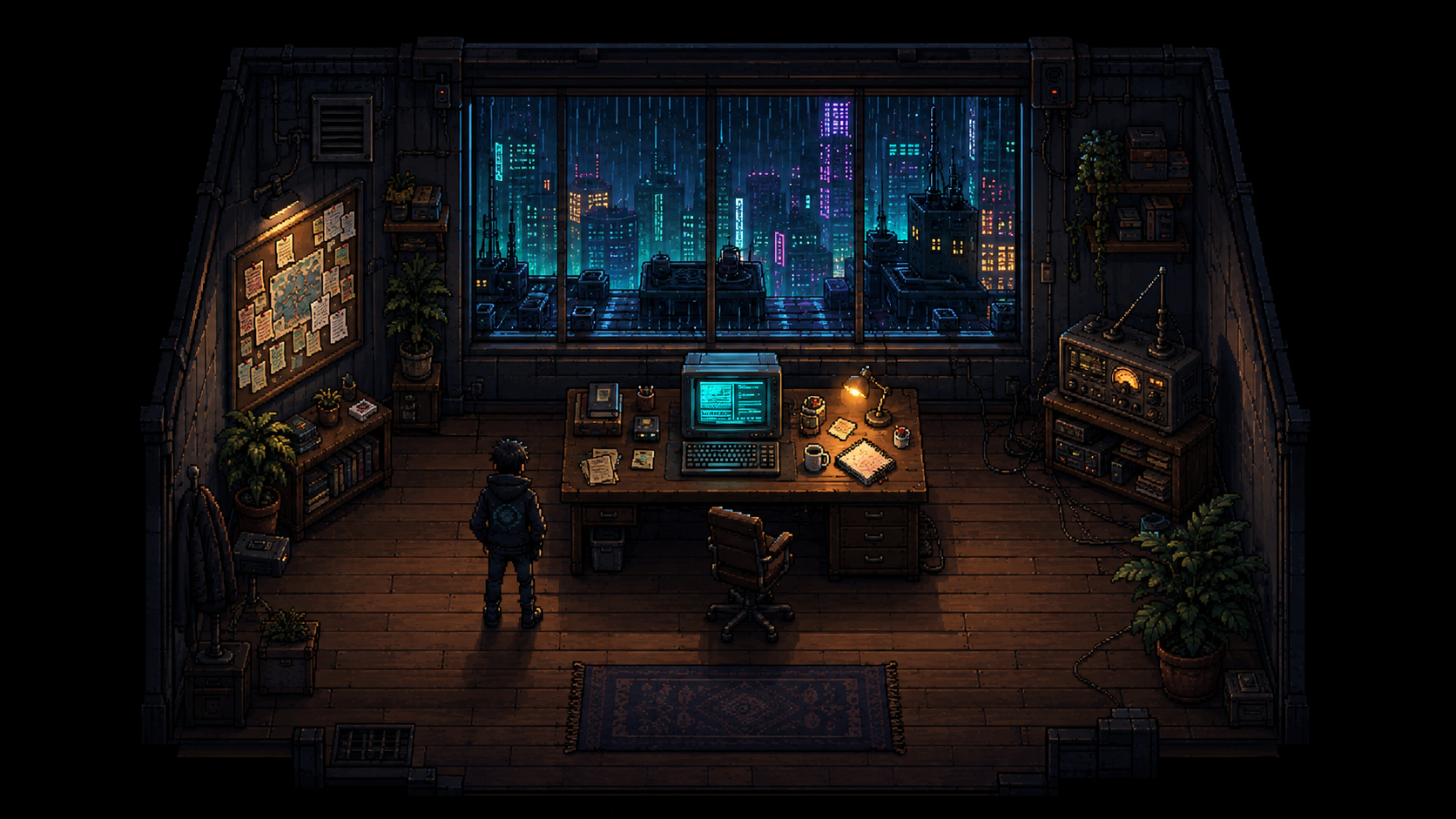 An illustration of Nightwire’s desk: a rain-soaked city window, cyan computer, paper-covered desk and amber radio.